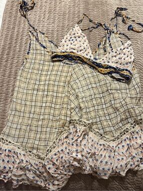 Free People Cream and Blue Floral Plaid Mini Dress